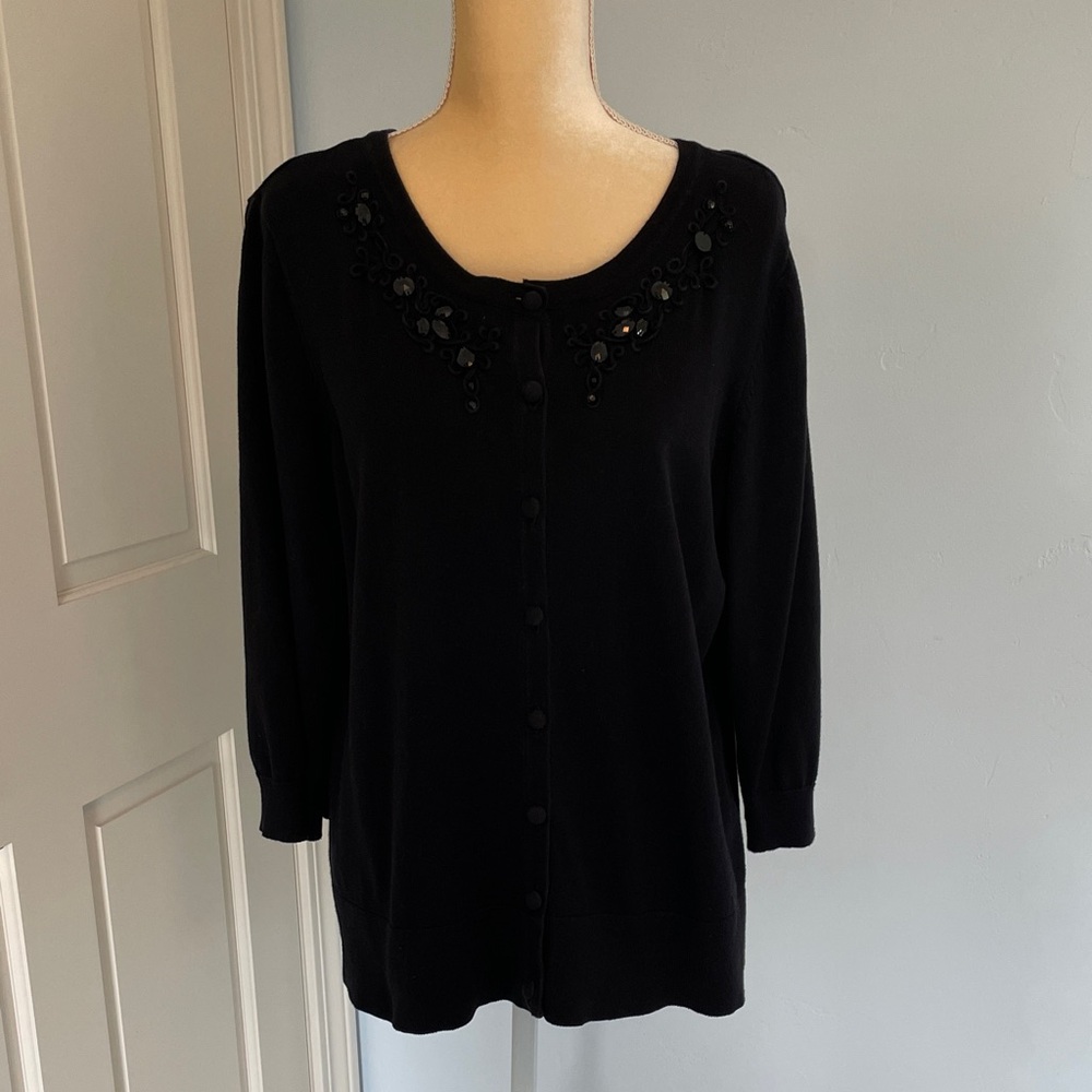Black Light weight 3/4 Sleeve Cardigan with Embellished Neckline